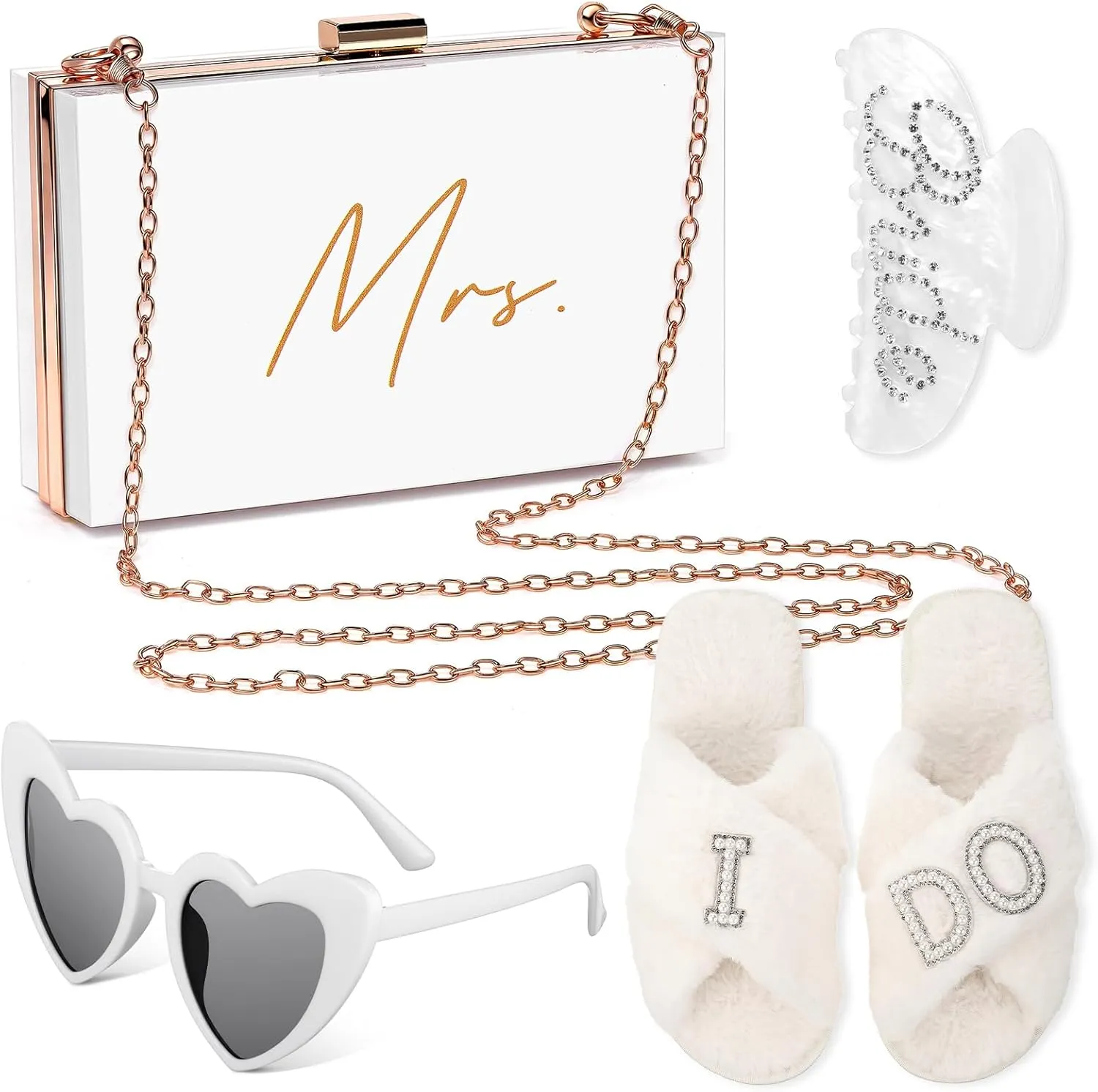 Eccliy Bride to Be Gift Set, 4 Pcs Bridal Shower Gifts for Bride, I Do Slippers Makeup Bag Heart Sunglasses Hair Clip Bachelorette Party Decorations for Women Engagement Bridal Shower Wedding