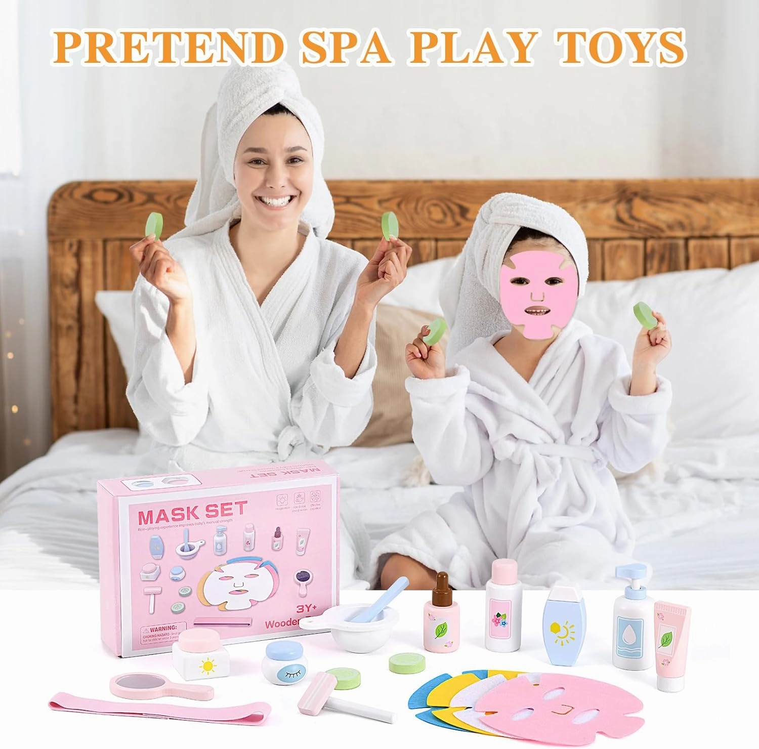 Ehome Wooden Beauty Salon Play Set Wooden Makeup Toy Set for Toddler Pretend Play Skin Care Learning Toys, Play Wood Spa Set with Face Mask Christmas Birthday Gifts for 3-8 Years Old