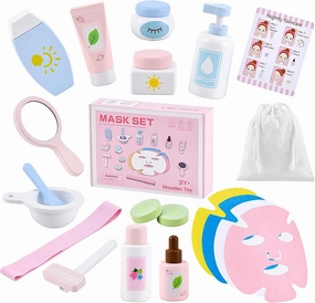 Ehome Wooden Beauty Salon Play Set Wooden Makeup Toy Set for Toddler Pretend Play Skin Care Learning Toys, Play Wood Spa Set with Face Mask Christmas Birthday Gifts for 3-8 Years Old