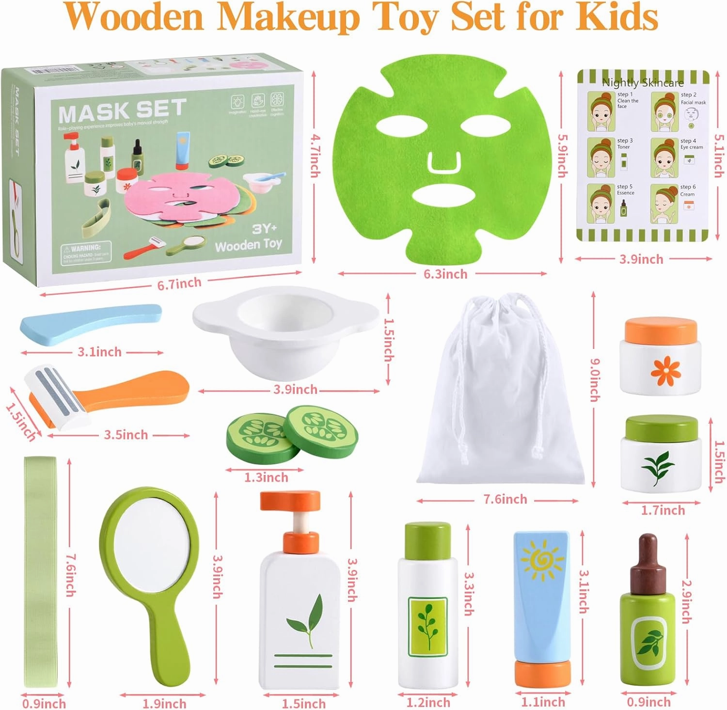 Ehome Wooden Makeup Toy Set for Toddler Wood Learning Toys, Play Spa Set with Face Mask Christmas Birthday Gifts for 3-8 Years Old