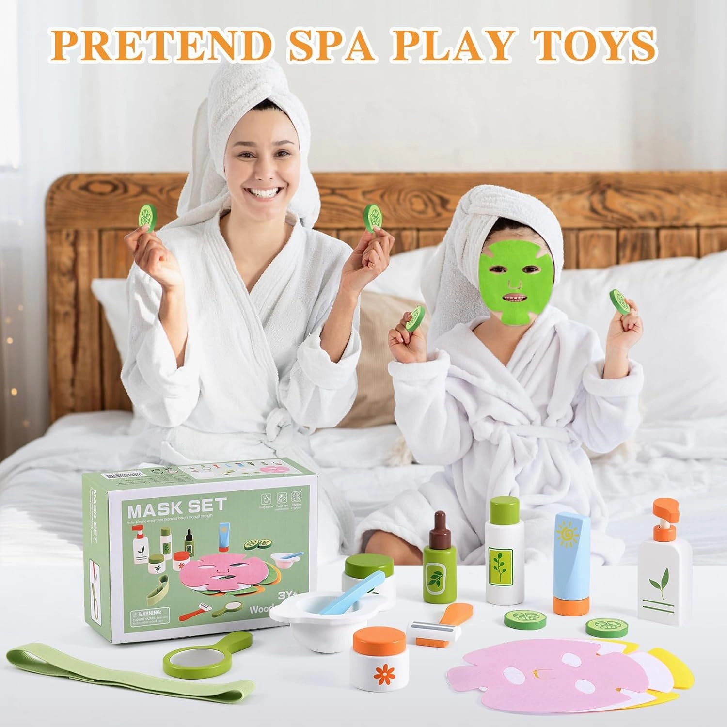 Ehome Wooden Makeup Toy Set for Toddler Wood Learning Toys, Play Spa Set with Face Mask Christmas Birthday Gifts for 3-8 Years Old