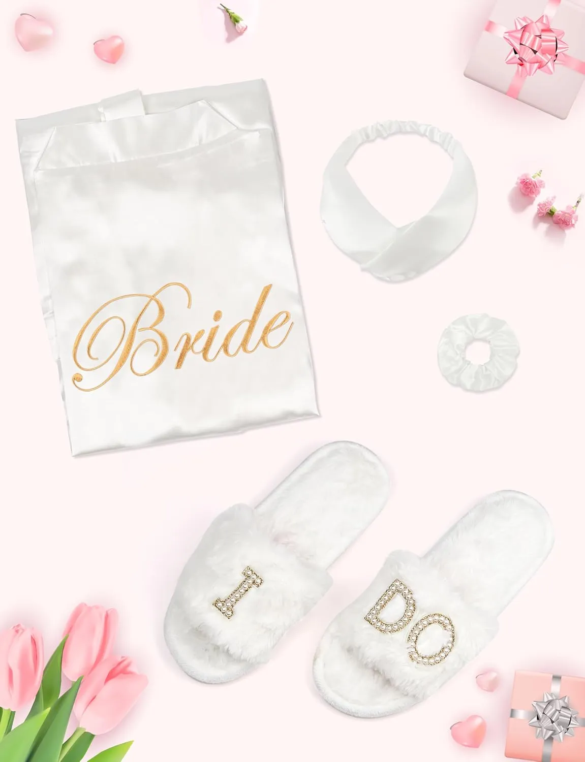 EPLAZA 4 Pcs Bride Robe for Wedding Day Set Bridal Robe with Slippers Lace Trim Wedding Robe for Bridal Bachelorette Party
