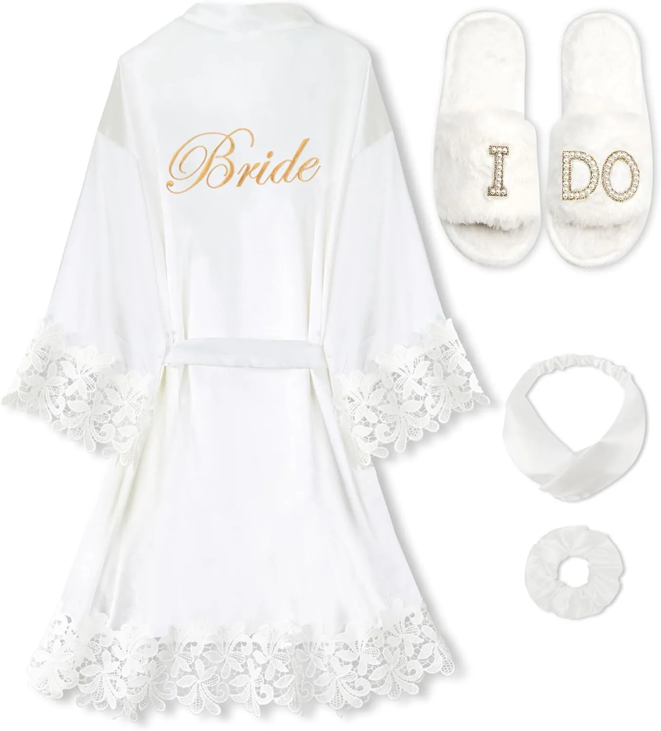 EPLAZA 4 Pcs Bride Robe for Wedding Day Set Bridal Robe with Slippers Lace Trim Wedding Robe for Bridal Bachelorette Party