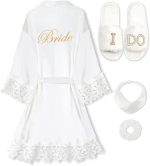 EPLAZA 4 Pcs Bride Robe for Wedding Day Set Bridal Robe with Slippers Lace Trim Wedding Robe for Bridal Bachelorette Party