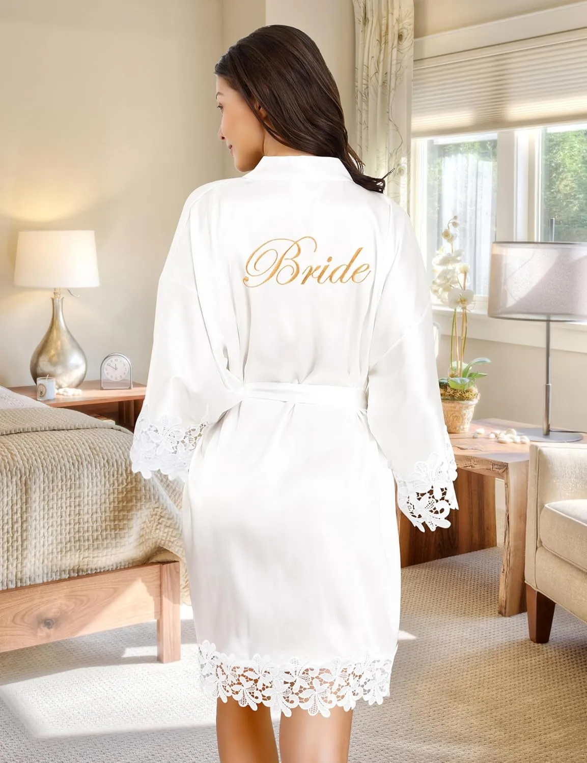 EPLAZA 4 Pcs Bride Robe for Wedding Day Set Bridal Robe with Slippers Lace Trim Wedding Robe for Bridal Bachelorette Party