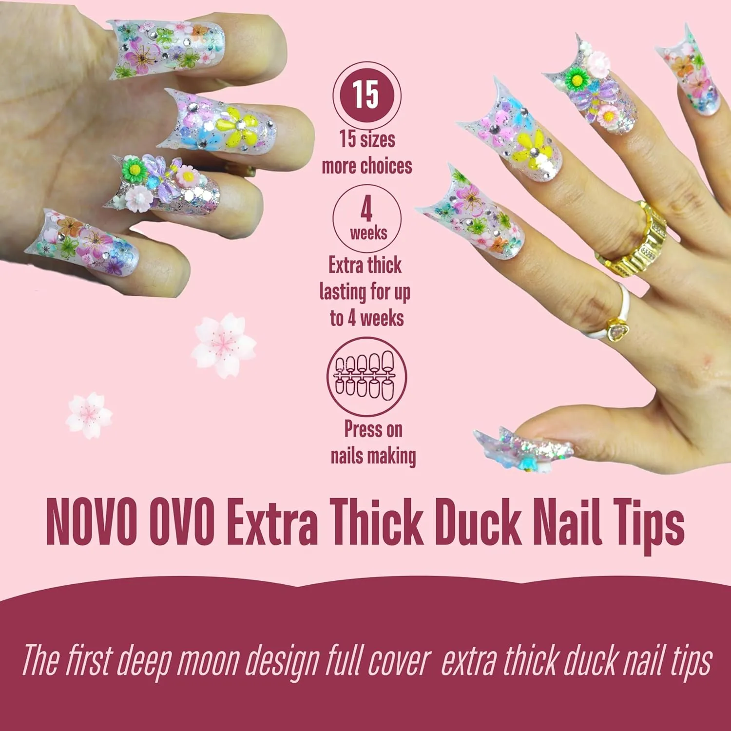 Extra Thick Duck Feet Nail Tips Full Cover with Moon Curve for Press on Acrylic, Medim Long Clear Pre-Etched Matter Flare Wide French Soft Gel Fake False Nail Extension x 15 Sizes 240 pcs