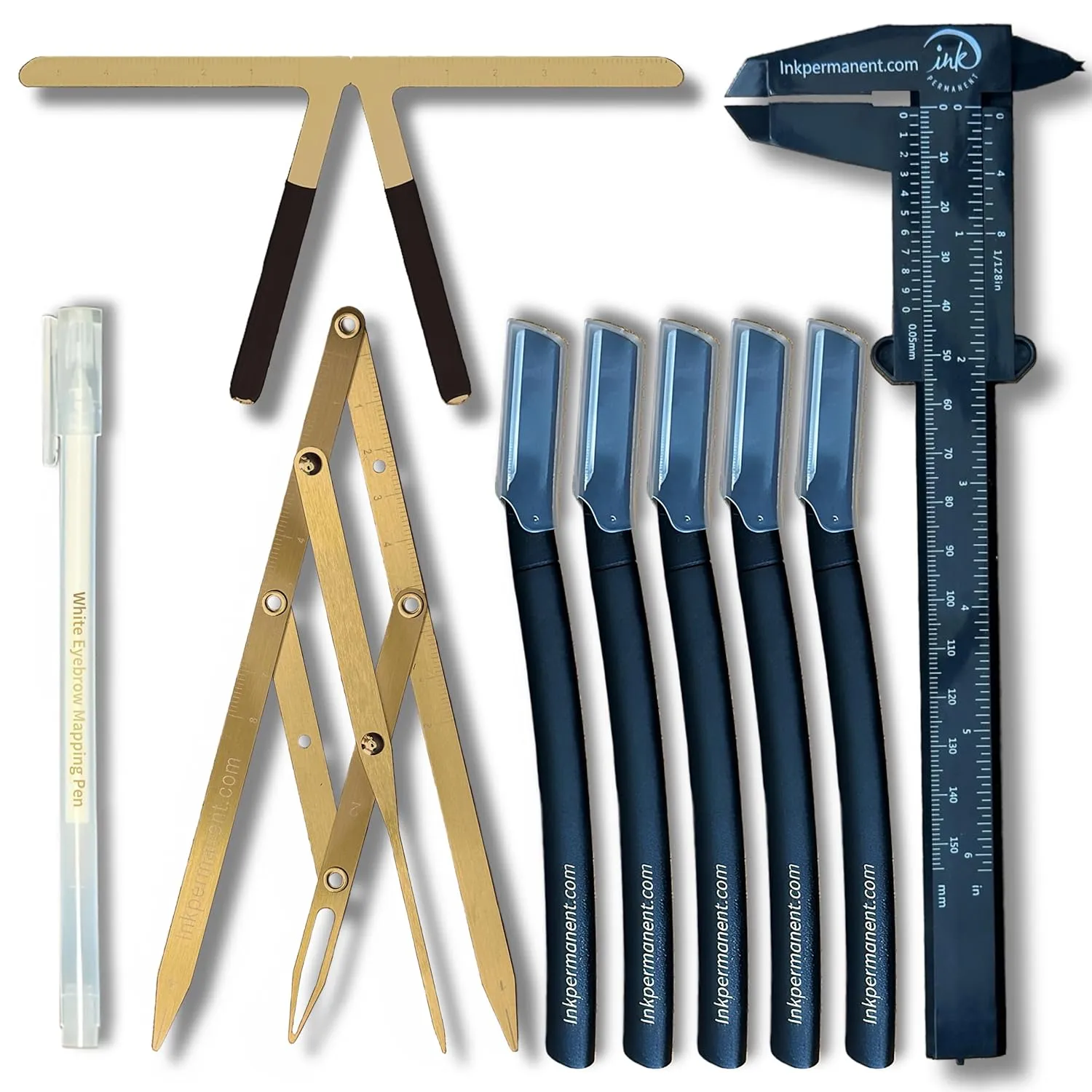 Eyebrow Mapping Kit for Microblading, Brow Shaping Tool, 9 Piece Set, Professional Eyebrow Mapping Kit with Golden Ratio Caliper, Double Scale Vernier Caliper and 5 Razors for Brow Shaping