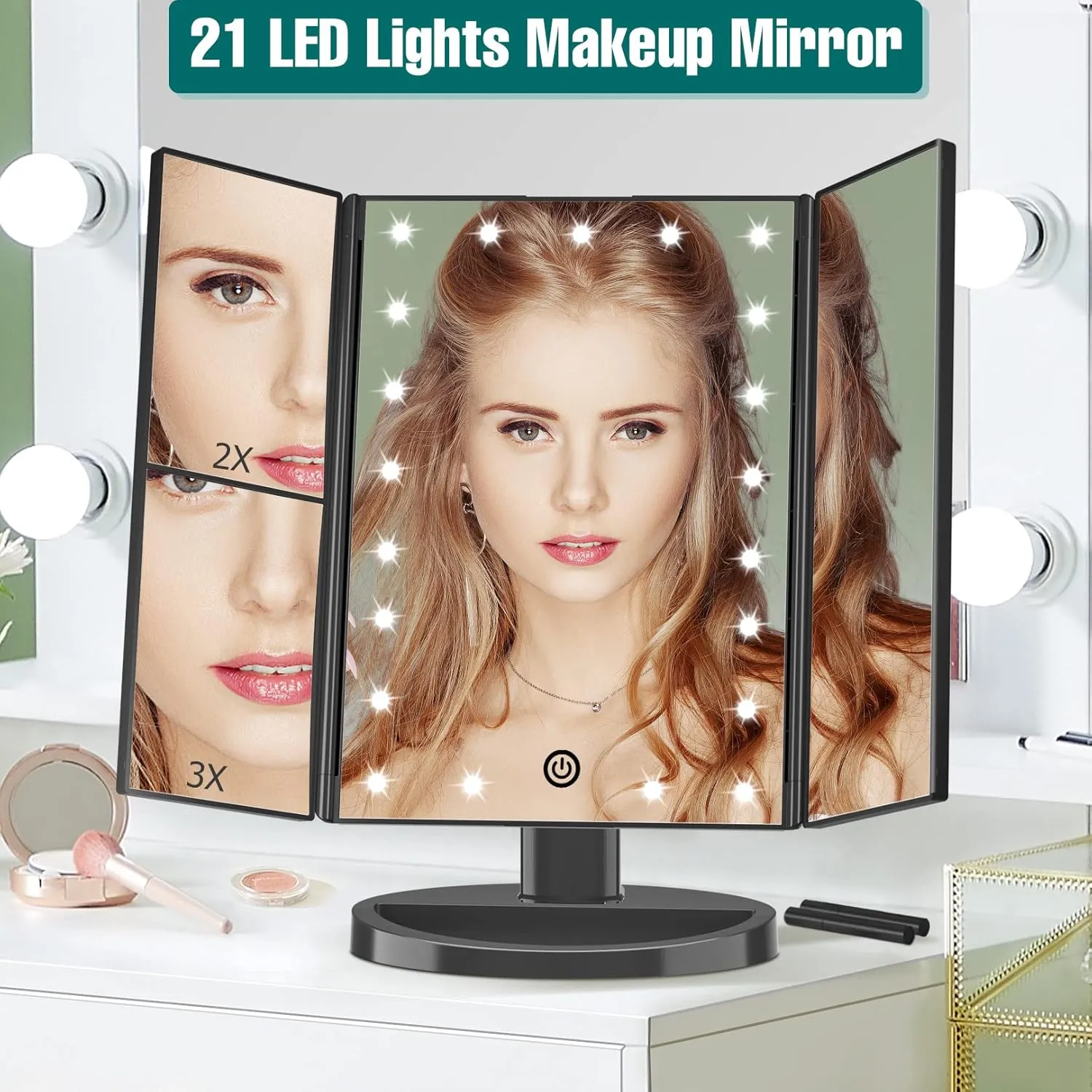 FASCINATE Lighted Makeup Mirror, 21 Bright LED Lights, 3x/2x/1x Magnifying Trifold LED Vanity Mirror, Touch Control Dimmable Brightness,180 ° Rotaion