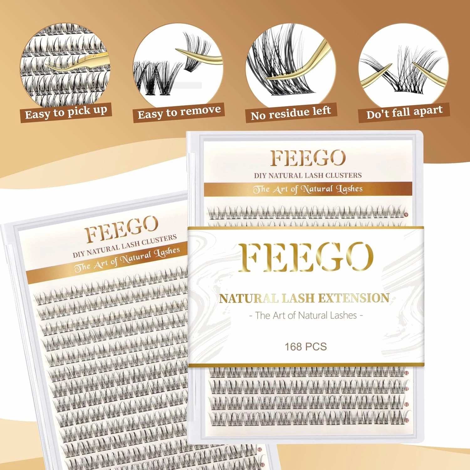 FEEGO Natural Lash Extension Kit 168Pcs Lash Clusters Kit Wispy Eyelash Extensions Individual Lashes Extensions with Bond and Seal Lash Glue and Eyelash Extension Tweezers DIY (8-14 MM(Only Lash))
