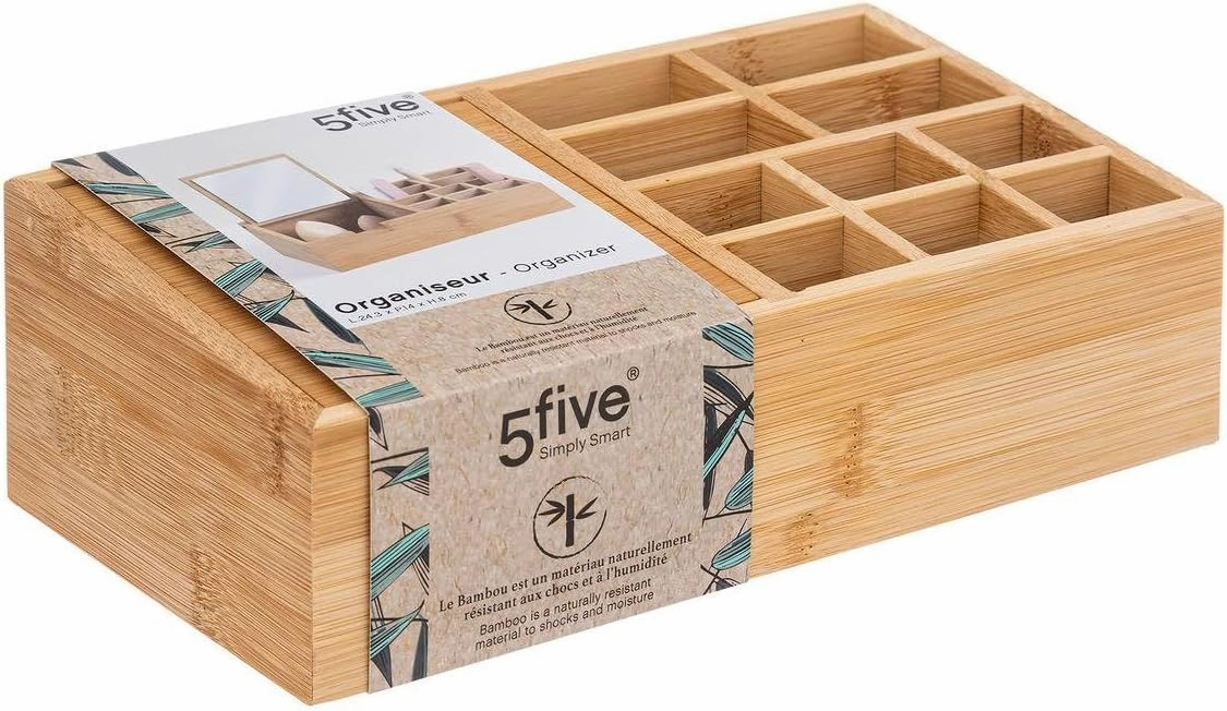 Five Bathroom Organiser Make-Up Storage Organizer 10 Compartments Bamboo and Mirror Lid