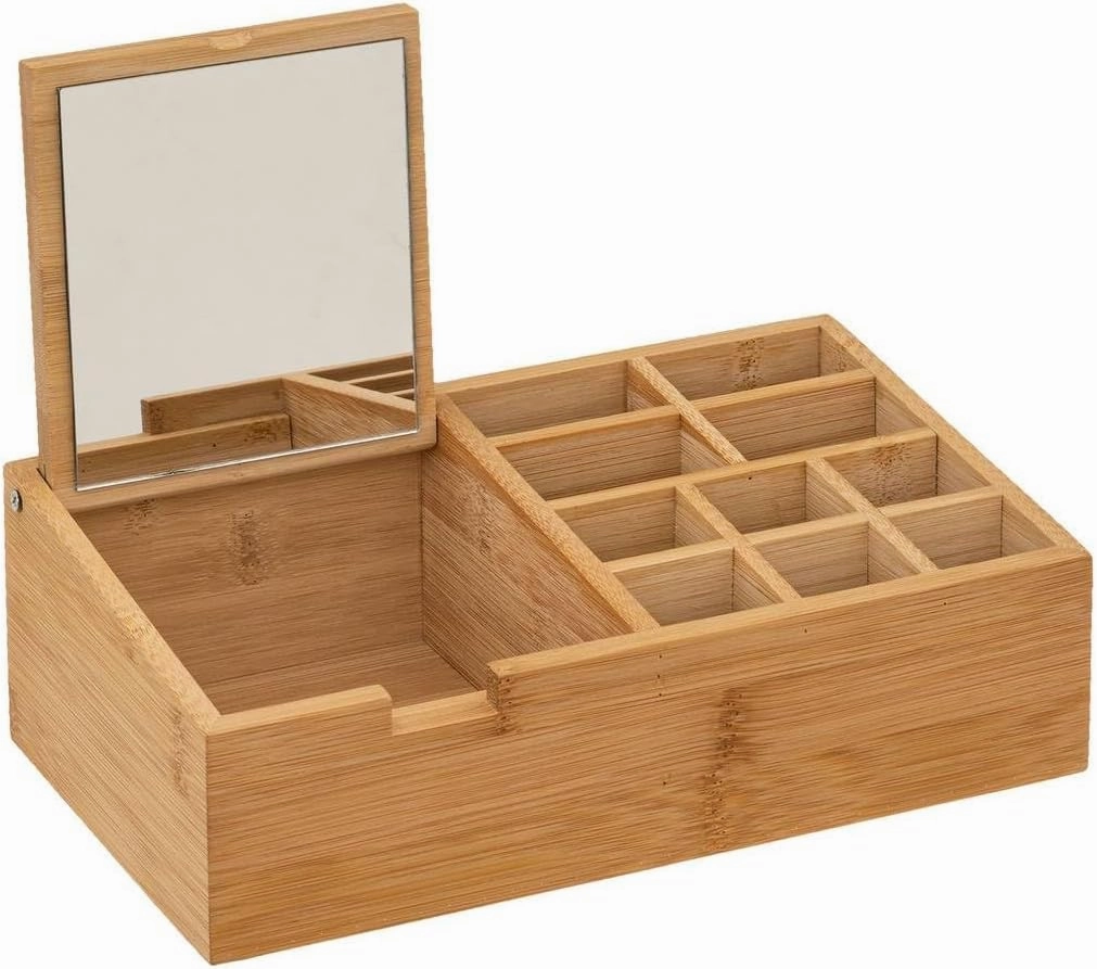 Five Bathroom Organiser Make-Up Storage Organizer 10 Compartments Bamboo and Mirror Lid
