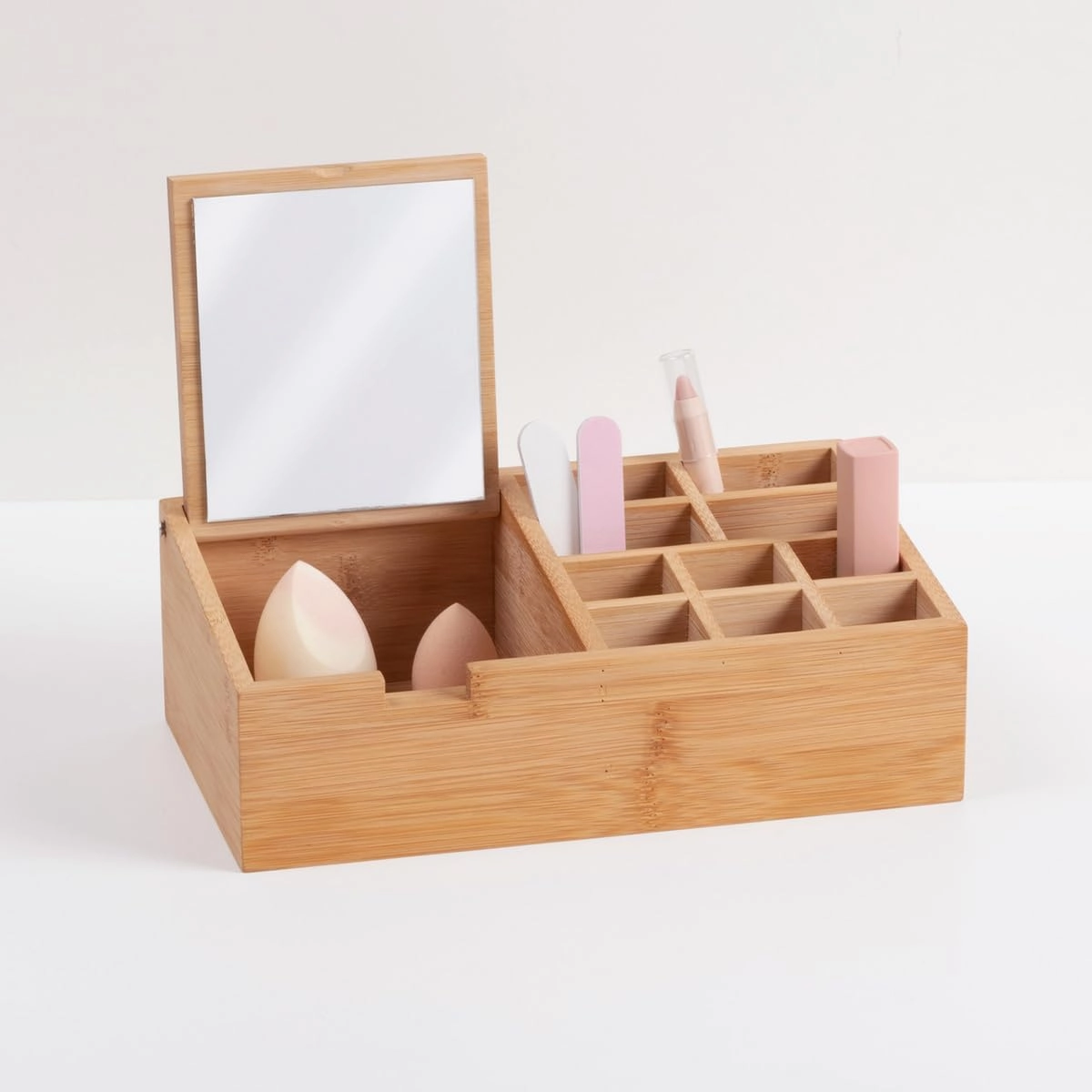 Five Bathroom Organiser Make-Up Storage Organizer 10 Compartments Bamboo and Mirror Lid