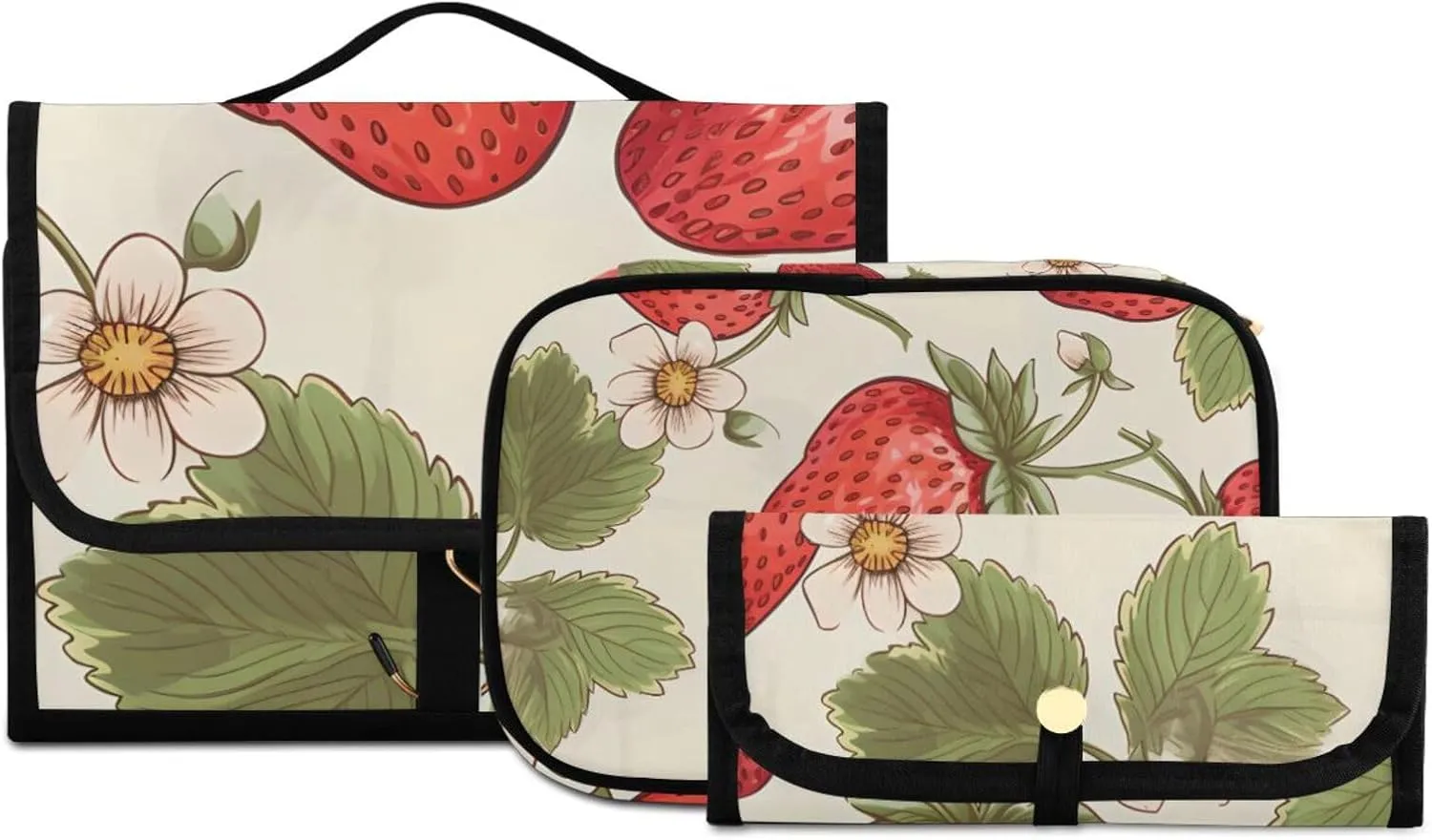 Foldable Hanging Travel Toiletry Organizer Set 3-Piece with Cosmetic Bag & Brush Holder - Cute Strawberry (7)