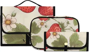 Foldable Hanging Travel Toiletry Organizer Set 3-Piece with Cosmetic Bag & Brush Holder - Cute Strawberry (7)