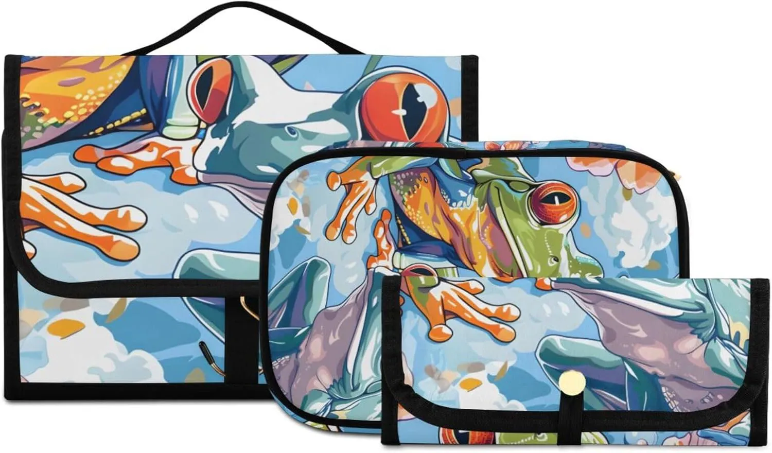 Foldable Hanging Travel Toiletry Organizer Set 3-Piece with Cosmetic Bag & Brush Holder - Frog (8)