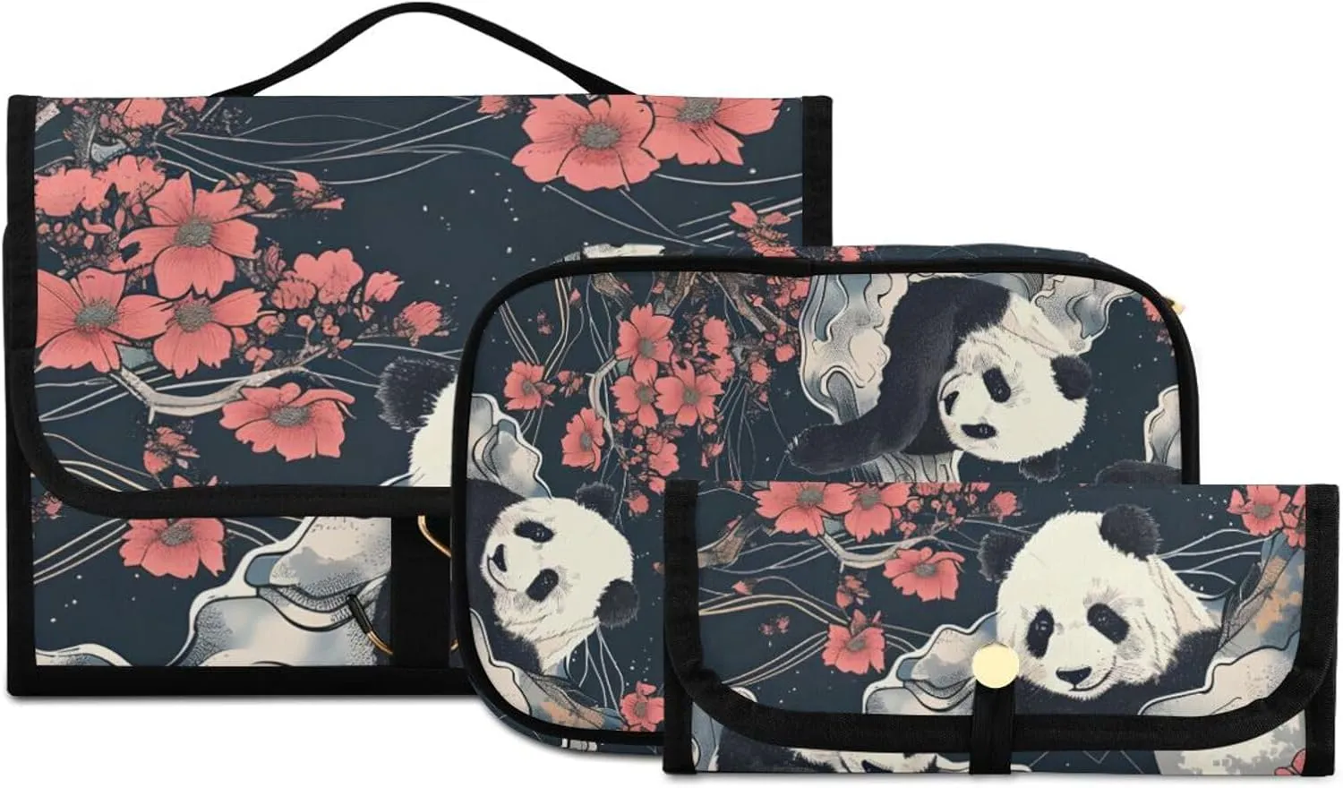 Foldable Hanging Travel Toiletry Organizer Set 3-Piece with Cosmetic Bag & Brush Holder - Panda (8)