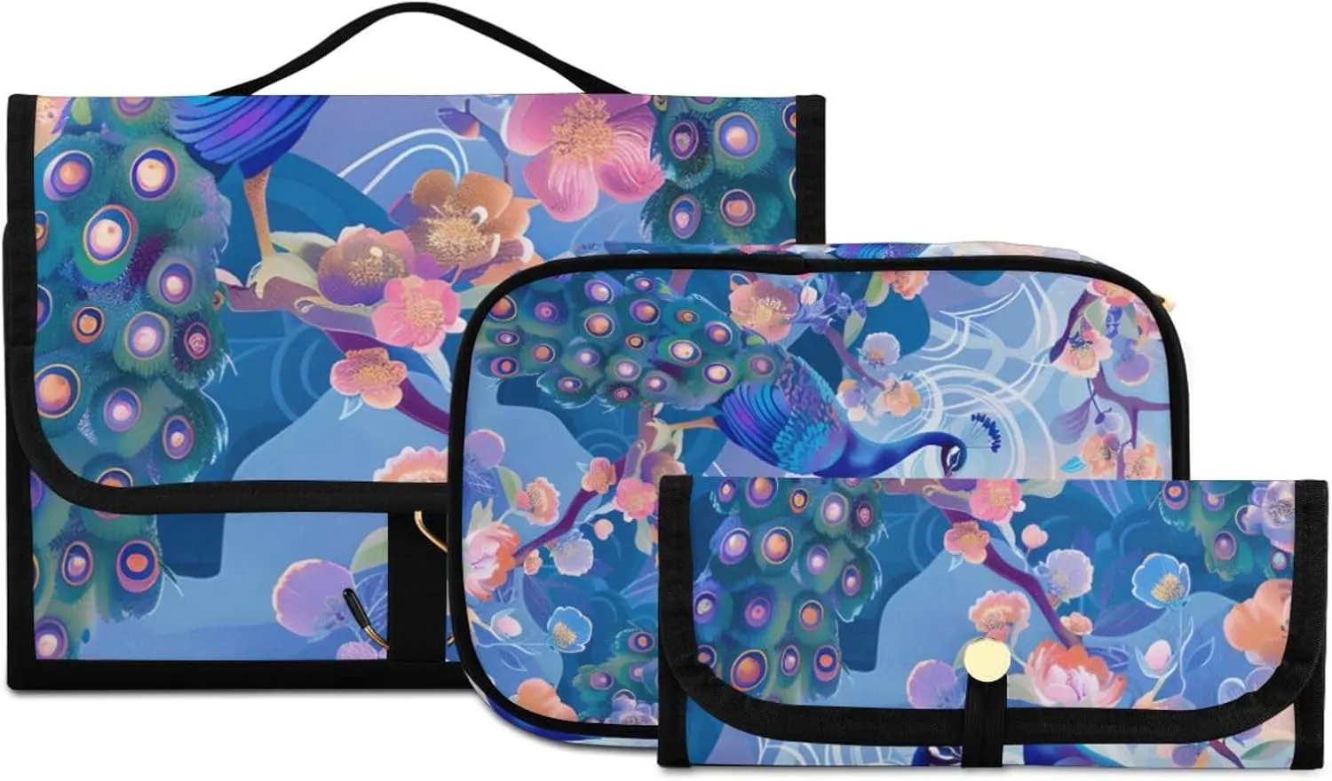 Foldable Hanging Travel Toiletry Organizer Set 3-Piece with Cosmetic Bag & Brush Holder - Peacock (7)