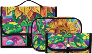 Foldable Hanging Travel Toiletry Organizer Set 3-Piece with Cosmetic Bag & Brush Holder - Sunflower (8)