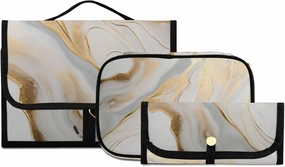 Foldable Hanging Travel Toiletry Organizer Set 3-Piece with Cosmetic Bag & Brush Holder - Marble Yellow