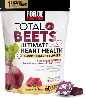 FORCE FACTOR Total Beets Ultimate Heart Health Blood Pressure Support Chews with CoQ10, Beet Root Powder, Grape Seed Extract, Blood Pressure Supplement for Circulation & Blood Flow, 60 Soft Chews