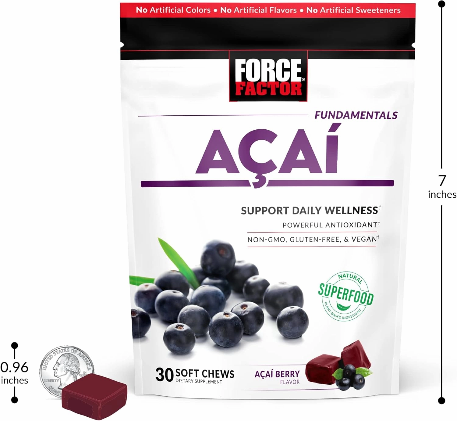 Force Factor Acai Soft Chews for Immune Support, Oxidative Stress Defense, and Daily Wellness, Superfood and Antioxidants Supplement, Non-GMO, Gluten-Free, and Vegan, Acai Berry Flavor, 30 Soft Chews
