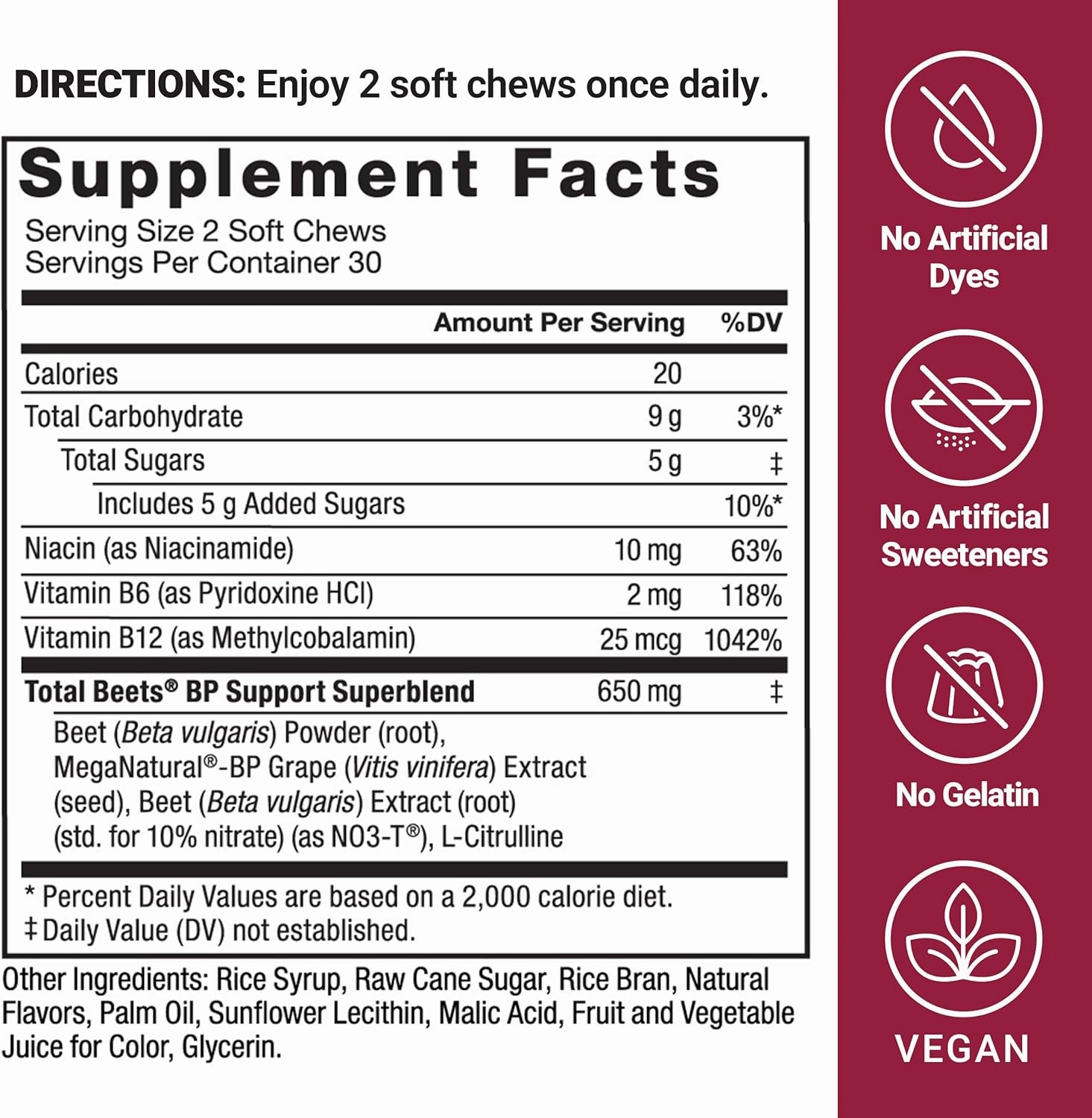 Force Factor Total Beets Blood Pressure Support Supplements with Beet Powder, Great-Tasting Beets Chewables for Heart-Healthy Energy, and Increased Nitric Oxide, 60 Chews