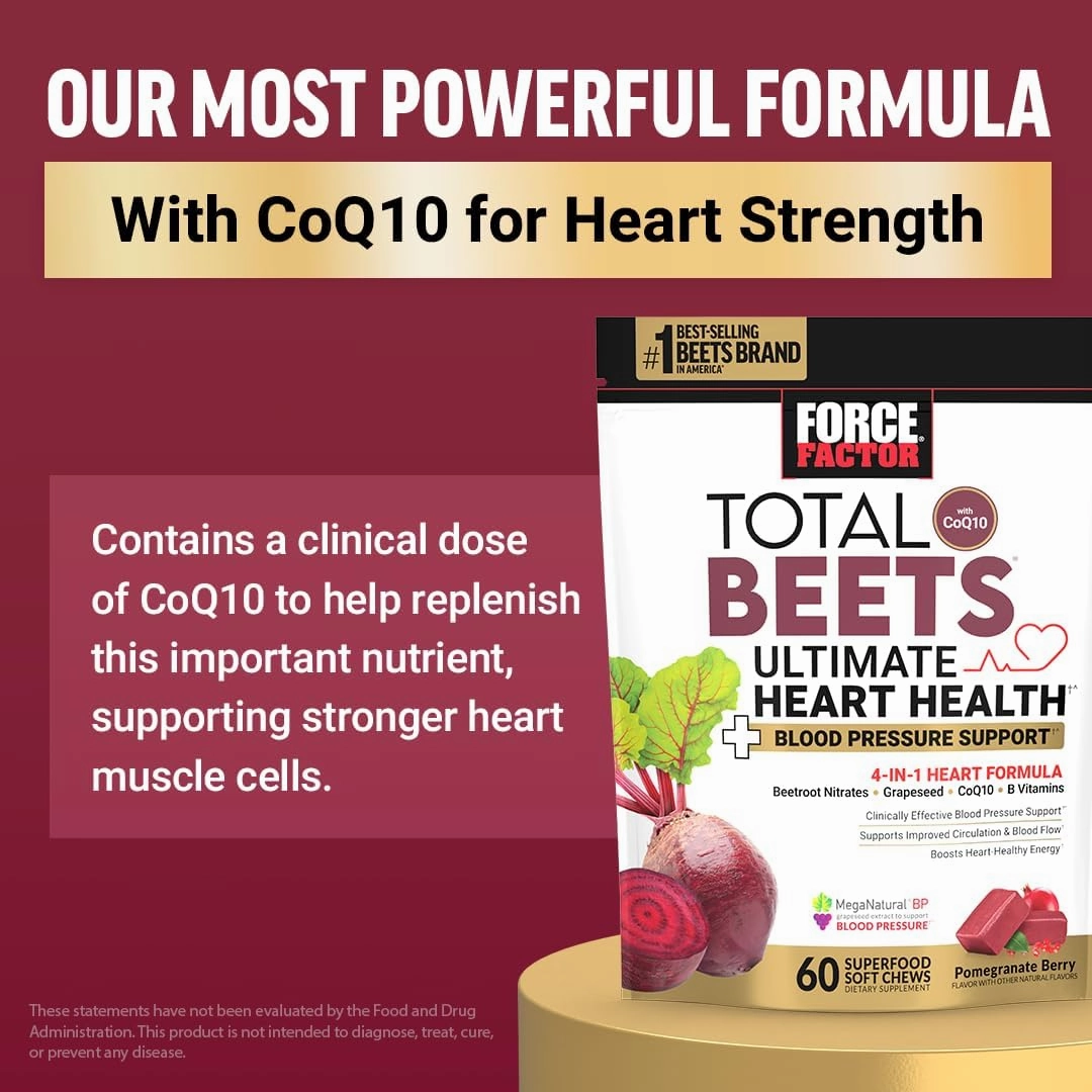 Force Factor Total Beets Blood Pressure Support Supplements with Beet Powder, Great-Tasting Beets Chewables for Heart-Healthy Energy, and Increased Nitric Oxide, 60 Chews
