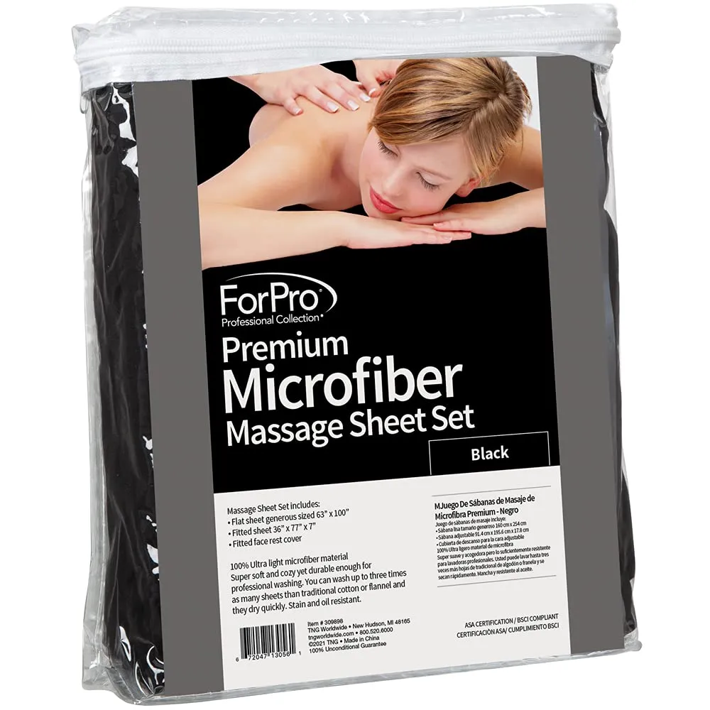 ForPro Professional Collection Premium Microfiber 3-Piece Massage Sheet Set, Black, Ultra-Light, Stain, and Wrinkle-Resistant Includes Massage Flat and Fitted Sheet and Massage Face Rest Cover