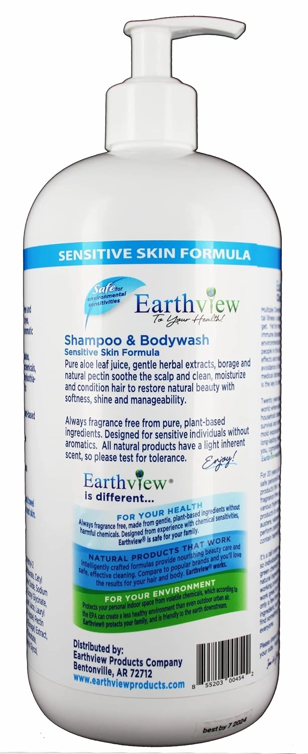Fragrance Free Shampoo & Bodywash, 32 Fl Oz, All Hair Types- Designed for Environmental Sensitivities (MCS, EI, MI, Sulfate free, SLS free, Sensitive Skin, Unscented, Free & Clear, Naturally Derived, Eco-Friendly, Hypoallergenic)