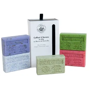 French Soaps - 5 x 125g Bars - Organic Shea Butter Skincare Gift Set - Exfoliating Fragrances - Crushed Verbena - Rose Petals - Jojoba - Eucalyptus - Crushed Lavender