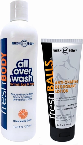 Fresh Balls Lotion & Fresh Bodywash - Men's Anti-Chafing Cream   2-in-1 All Over Wash & Shampoo – Soothing, Moisturizing & Long-Lasting Citrus Vanilla Scent, 10.8oz   3.4oz