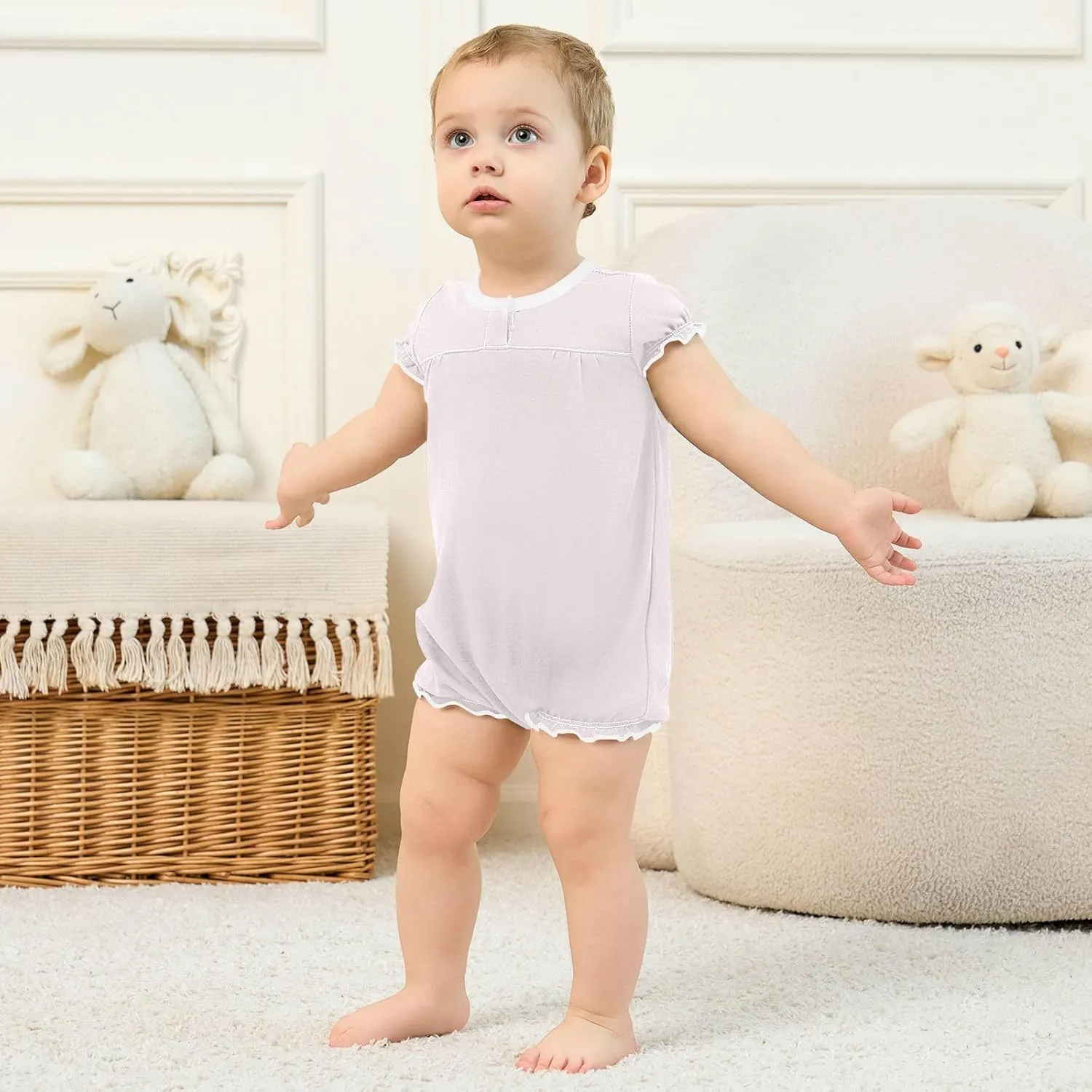 FRODOTGV Lavender Blush Toddler Girls Infant Bubble Romper Ruffle Sleeve Casual Summer Jumpsuit Cotton Bodysuit Tops 3M