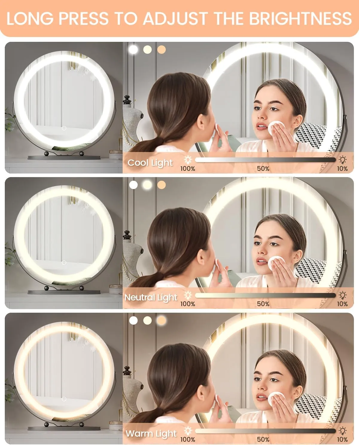 GAOMON 19 Inch Vanity Mirror with Lights, Round Large LED Vanity Mirror with Smart Touch 3 Colors Dimmable, Touch Lighting, 360° Rotation for Dressing Room & Bedroom Tabletop, Easy Assembly, Black