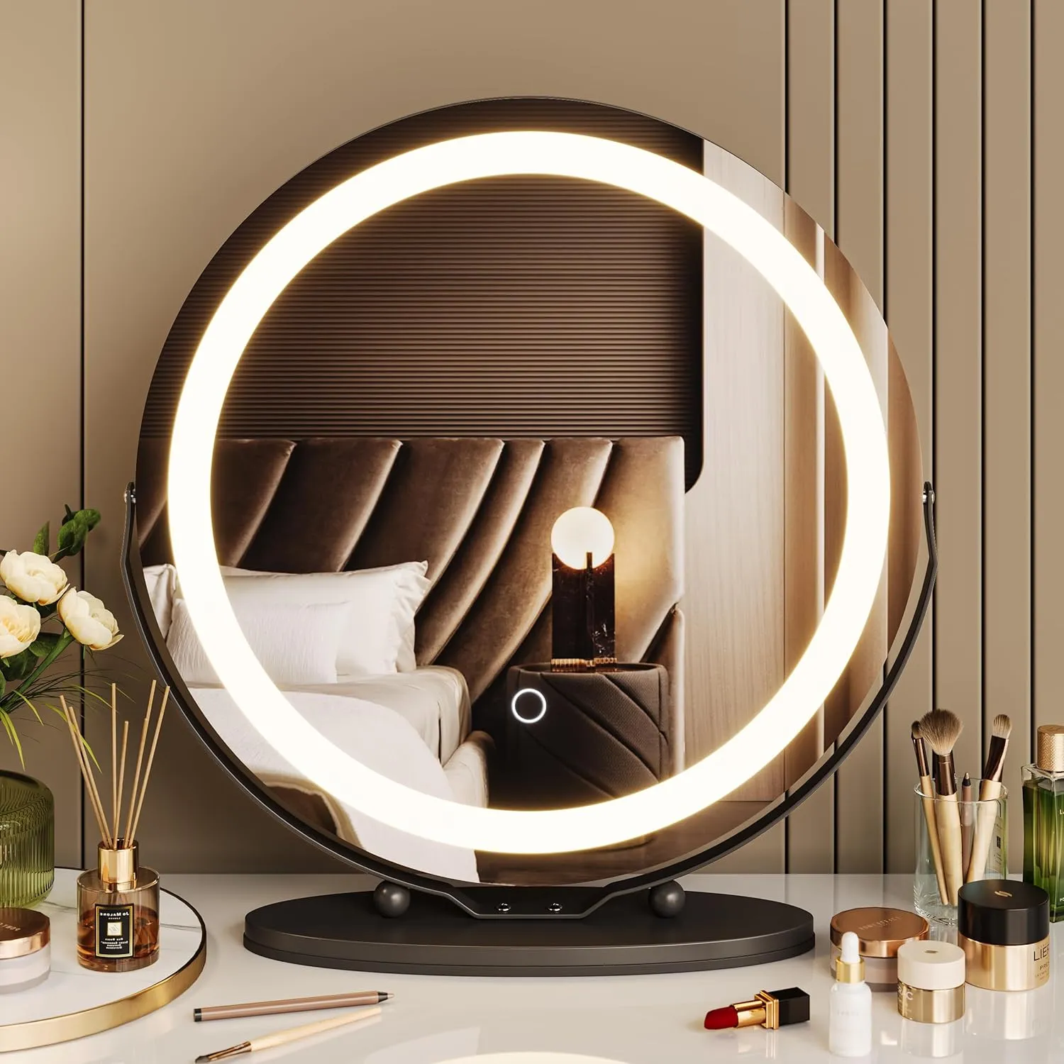 GAOMON 19 Inch Vanity Mirror with Lights, Round Large LED Vanity Mirror with Smart Touch 3 Colors Dimmable, Touch Lighting, 360° Rotation for Dressing Room & Bedroom Tabletop, Easy Assembly, Black
