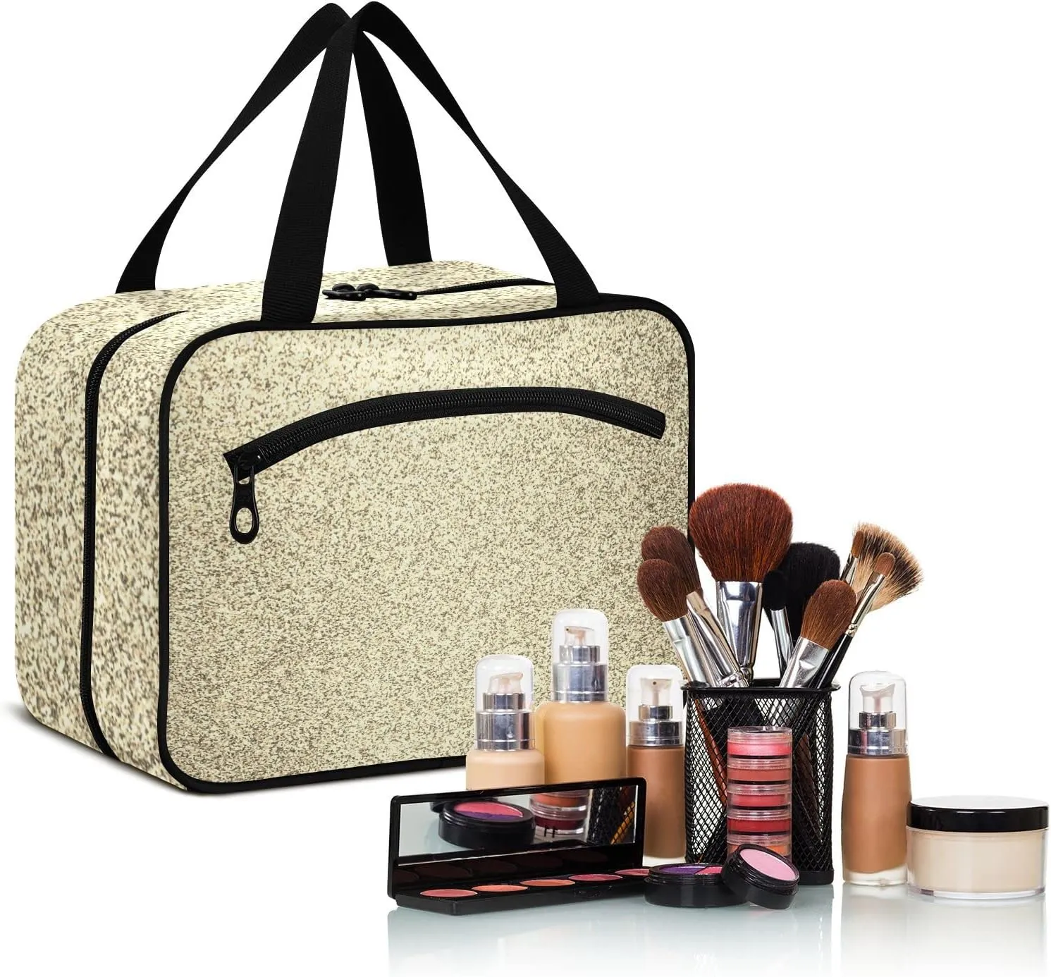 Gold Golden Glitter and Glare Pattern Women's Portable Makeup Bag with Handle Cosmetic Bag, Twill Cloth Travel Cosmetic Bag, Polyester Toiletry Bag for Women M Size