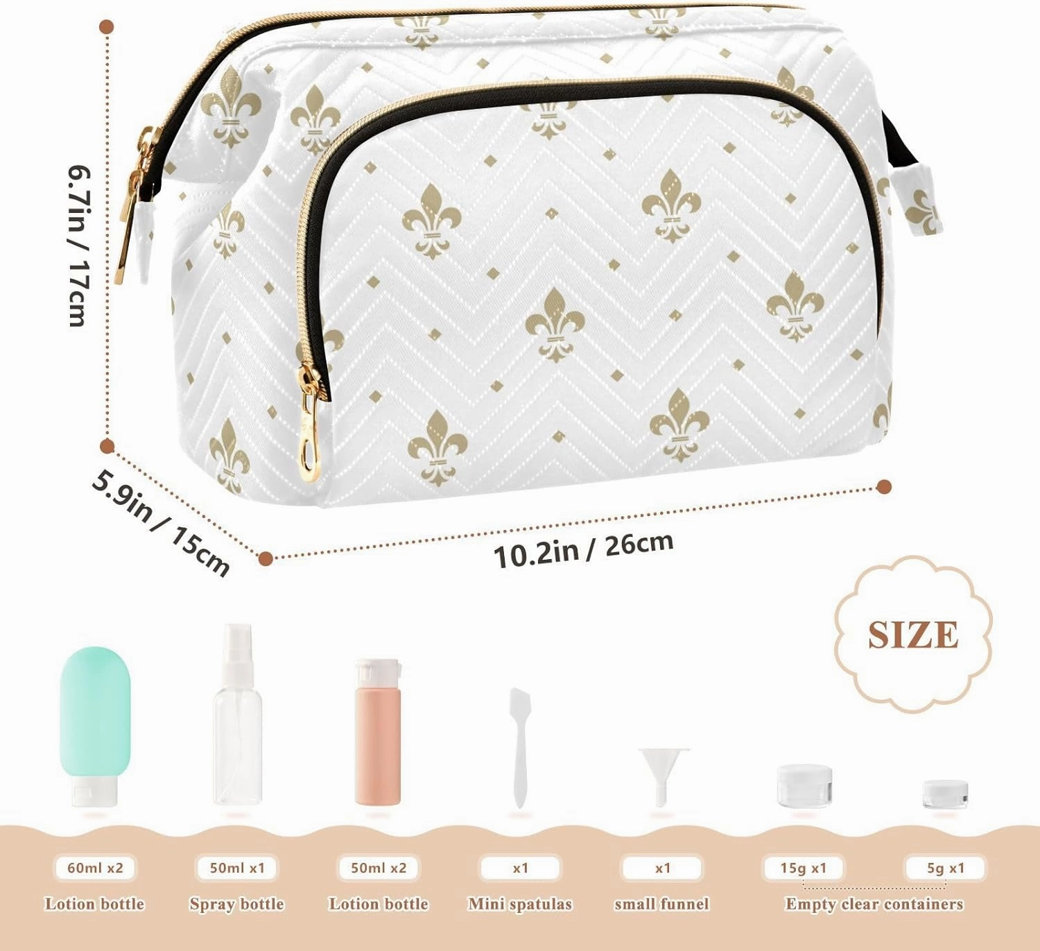 Gold Royal Lilies Seamless Fleur De Lis Floral Style on White Women Cosmetic Bag Makeup Bag Stylish Trip Beauty Bag Travel Toiletry Bag with Bottle Organizer 10.2 x 5.9 x 6.7 inch