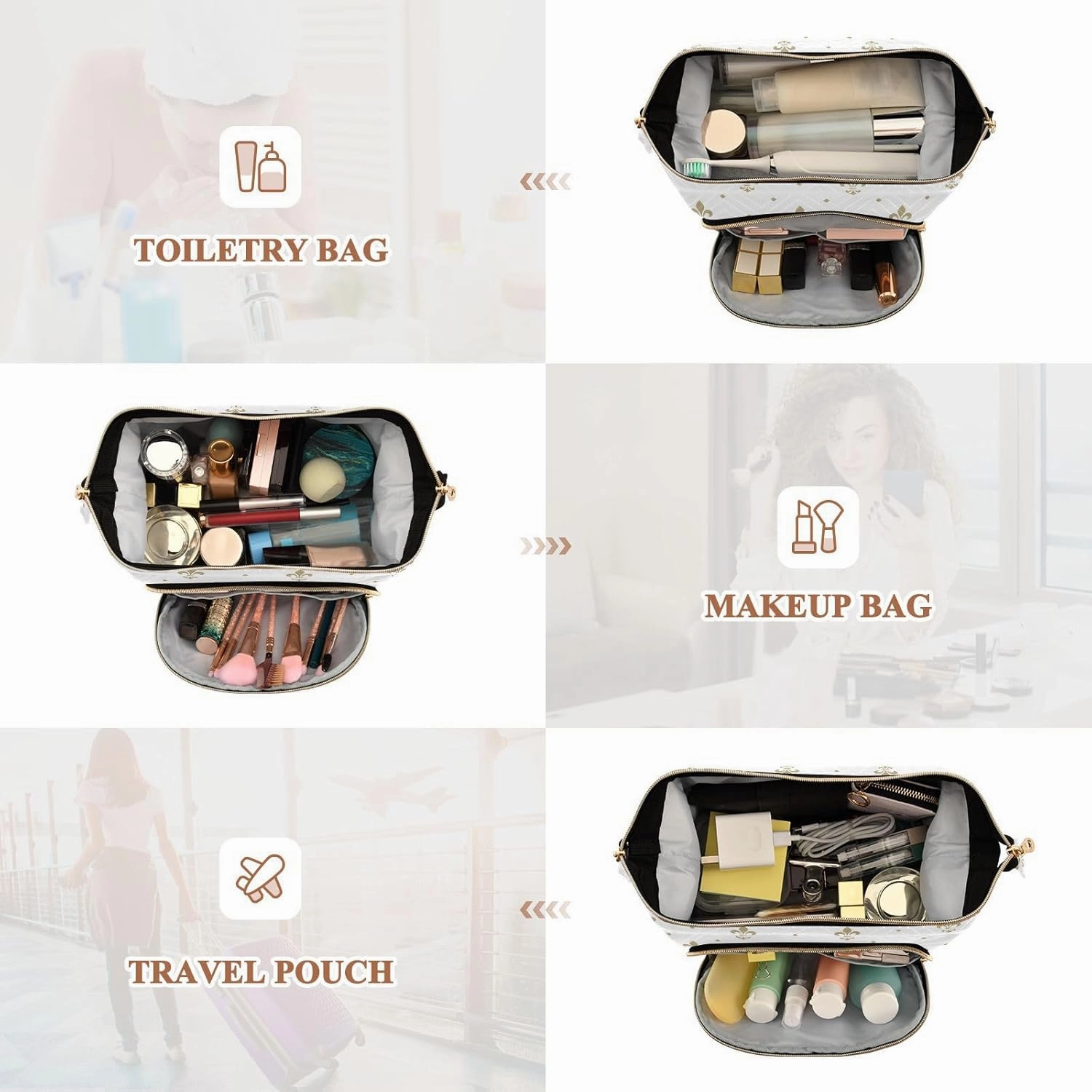 Gold Royal Lilies Seamless Fleur De Lis Floral Style on White Women Cosmetic Bag Makeup Bag Stylish Trip Beauty Bag Travel Toiletry Bag with Bottle Organizer 10.2 x 5.9 x 6.7 inch