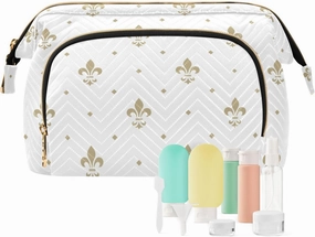 Gold Royal Lilies Seamless Fleur De Lis Floral Style on White Women Cosmetic Bag Makeup Bag Stylish Trip Beauty Bag Travel Toiletry Bag with Bottle Organizer 10.2 x 5.9 x 6.7 inch