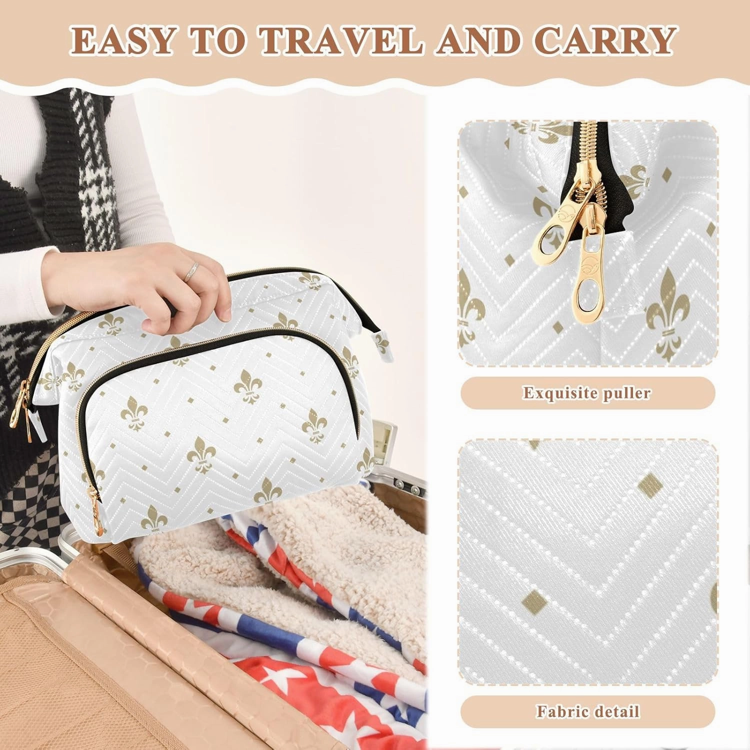 Gold Royal Lilies Seamless Fleur De Lis Floral Style on White Women Cosmetic Bag Makeup Bag Stylish Trip Beauty Bag Travel Toiletry Bag with Bottle Organizer 10.2 x 5.9 x 6.7 inch