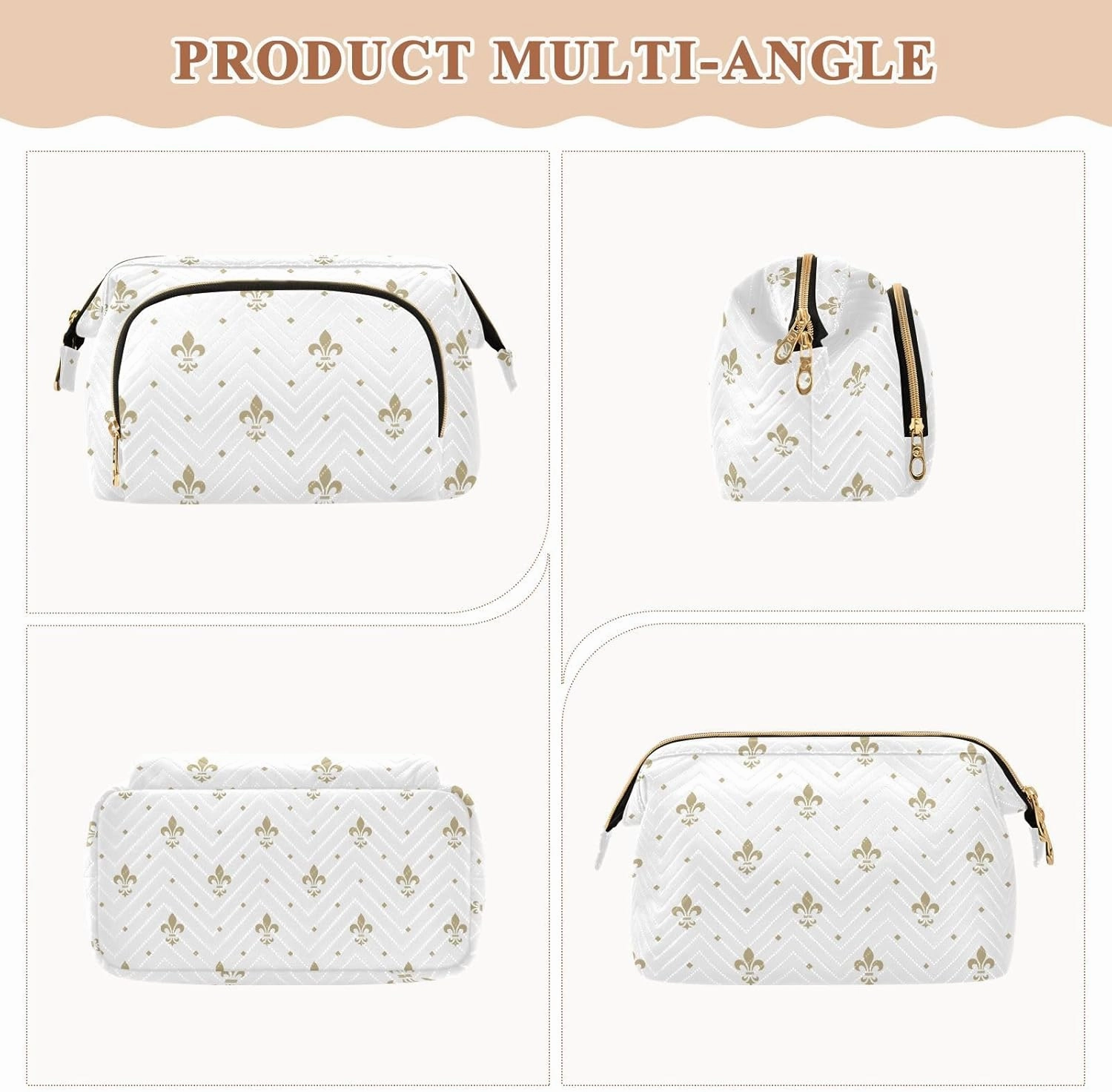 Gold Royal Lilies Seamless Fleur De Lis Floral Style on White Women Cosmetic Bag Makeup Bag Stylish Trip Beauty Bag Travel Toiletry Bag with Bottle Organizer 10.2 x 5.9 x 6.7 inch