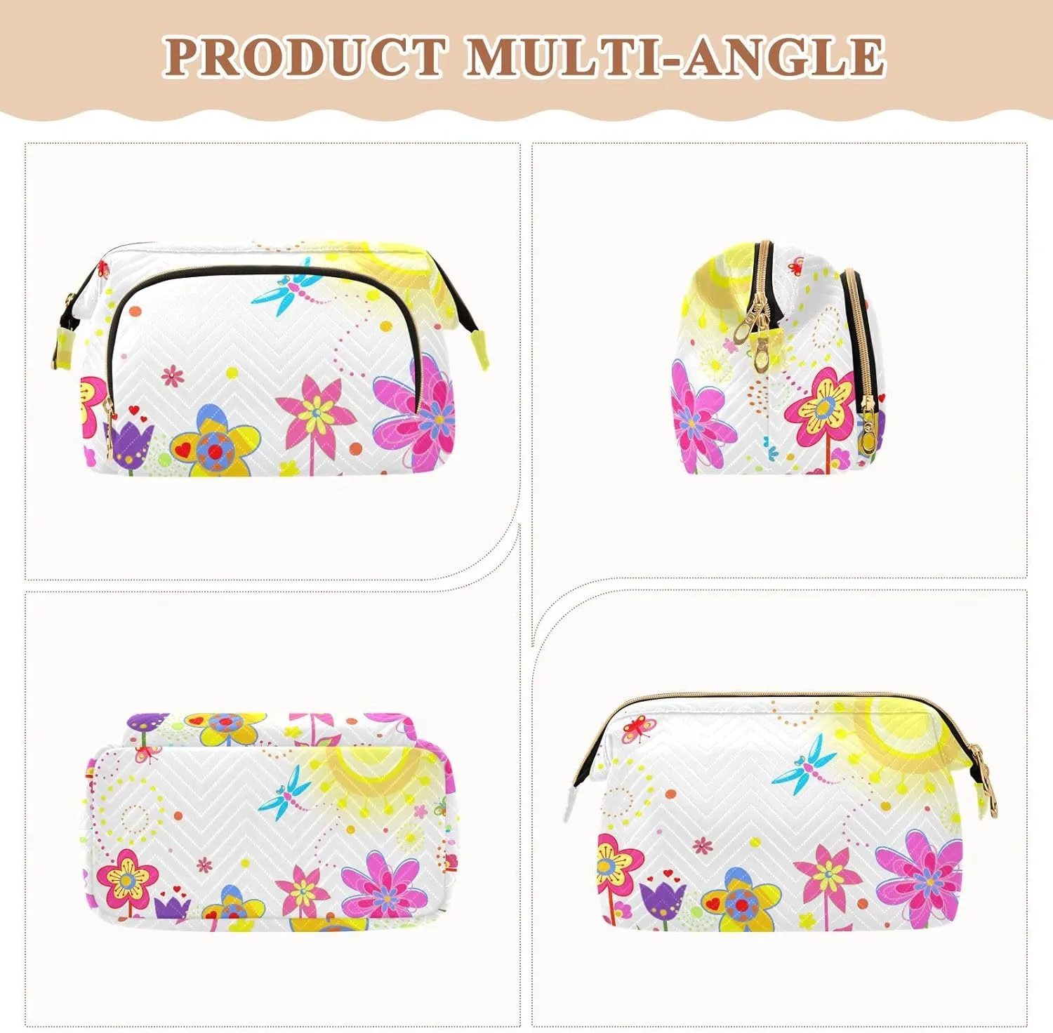Greeting Card with Colorful Flowers Dragonfly Butterfly Sun on White Women Cosmetic Bag Makeup Bag Stylish Trip Beauty Bag Travel Toiletry Bag with Bottle Organizer 10.2 x 5.9 x 6.7 inch