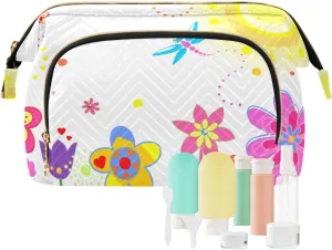 Greeting Card with Colorful Flowers Dragonfly Butterfly Sun on White Women Cosmetic Bag Makeup Bag Stylish Trip Beauty Bag Travel Toiletry Bag with Bottle Organizer 10.2 x 5.9 x 6.7 inch