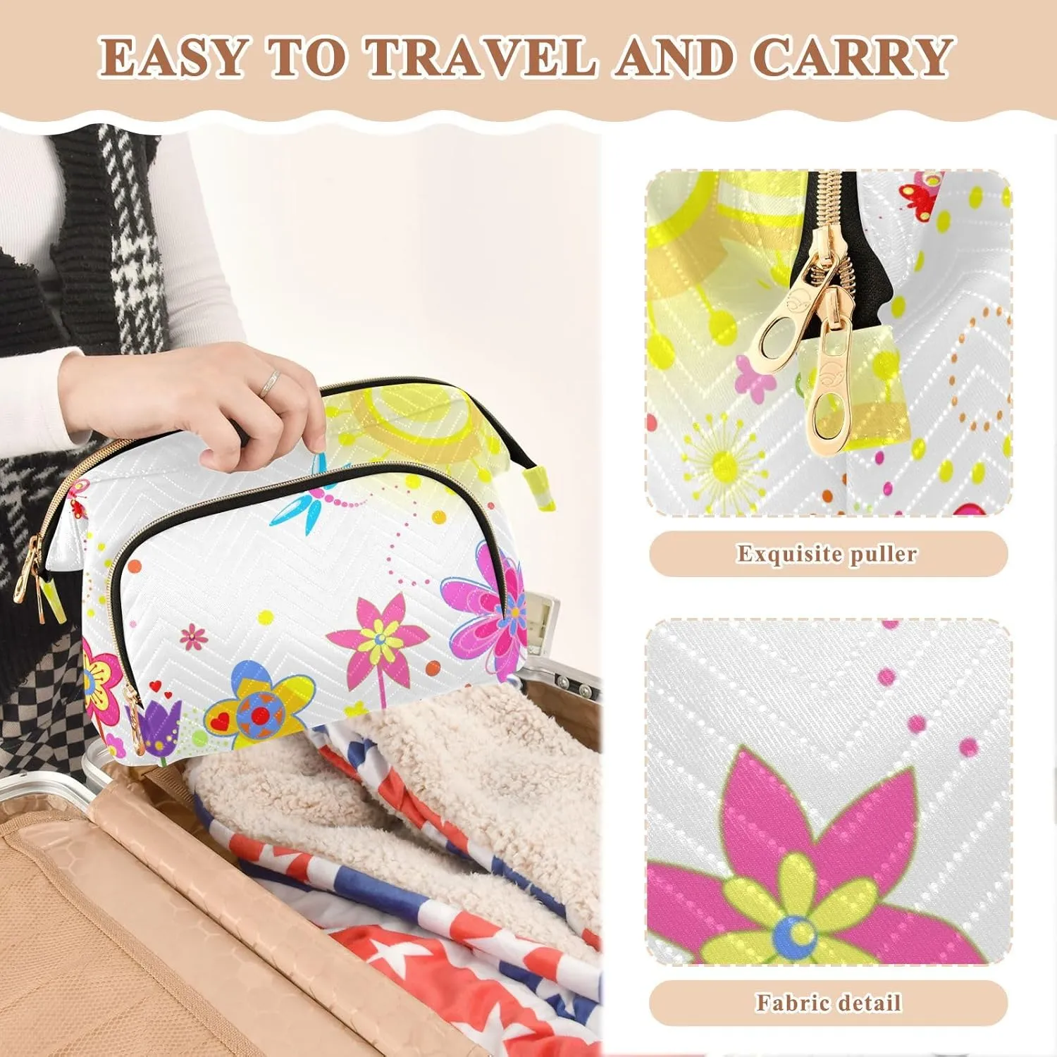 Greeting Card with Colorful Flowers Dragonfly Butterfly Sun on White Women Cosmetic Bag Makeup Bag Stylish Trip Beauty Bag Travel Toiletry Bag with Bottle Organizer 10.2 x 5.9 x 6.7 inch