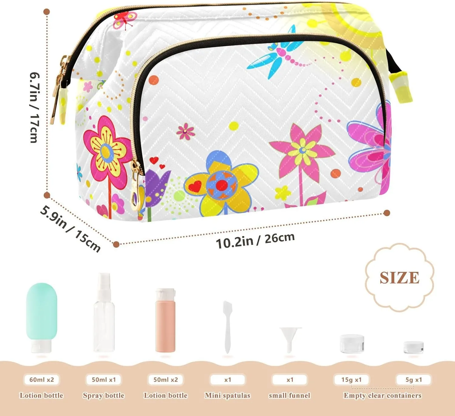 Greeting Card with Colorful Flowers Dragonfly Butterfly Sun on White Women Cosmetic Bag Makeup Bag Stylish Trip Beauty Bag Travel Toiletry Bag with Bottle Organizer 10.2 x 5.9 x 6.7 inch