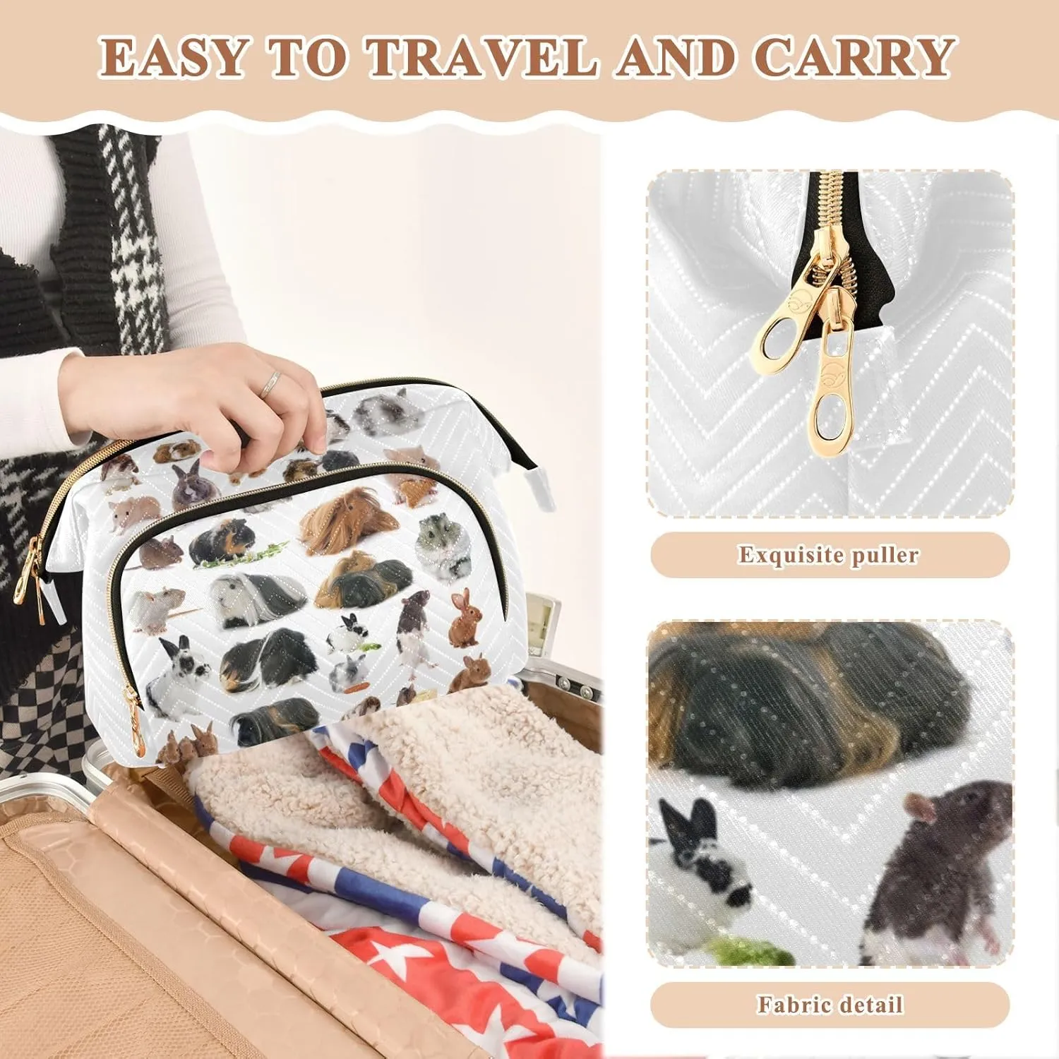 Group of Seamless Rodents on White Background Women Cosmetic Bag Makeup Bag Stylish Trip Beauty Bag Travel Toiletry Bag with Bottle Organizer 10.2 x 5.9 x 6.7 inch