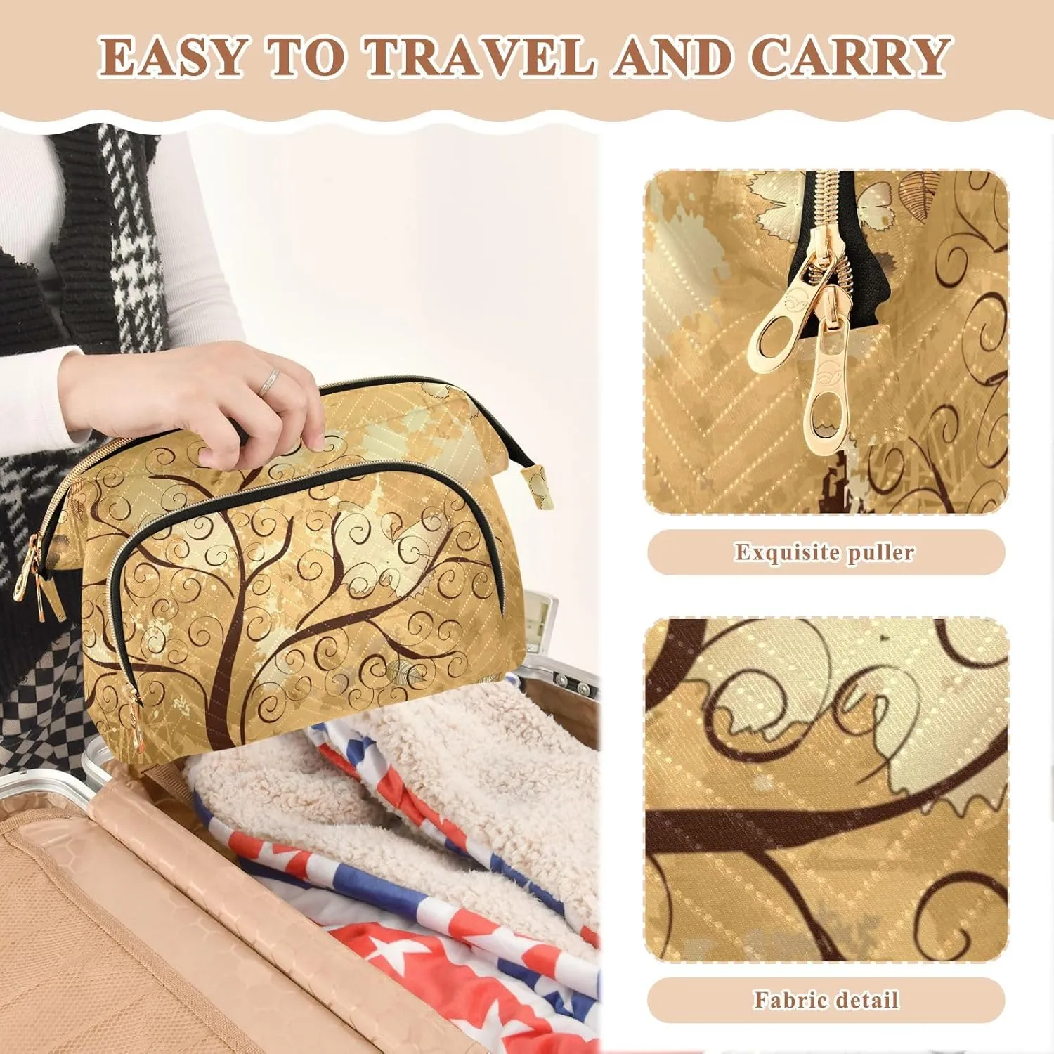 Grunge Background with a Gold Tree with Butterflies Women Cosmetic Bag Makeup Bag Stylish Trip Beauty Bag Travel Toiletry Bag with Bottle Organizer 10.2 x 5.9 x 6.7 inch