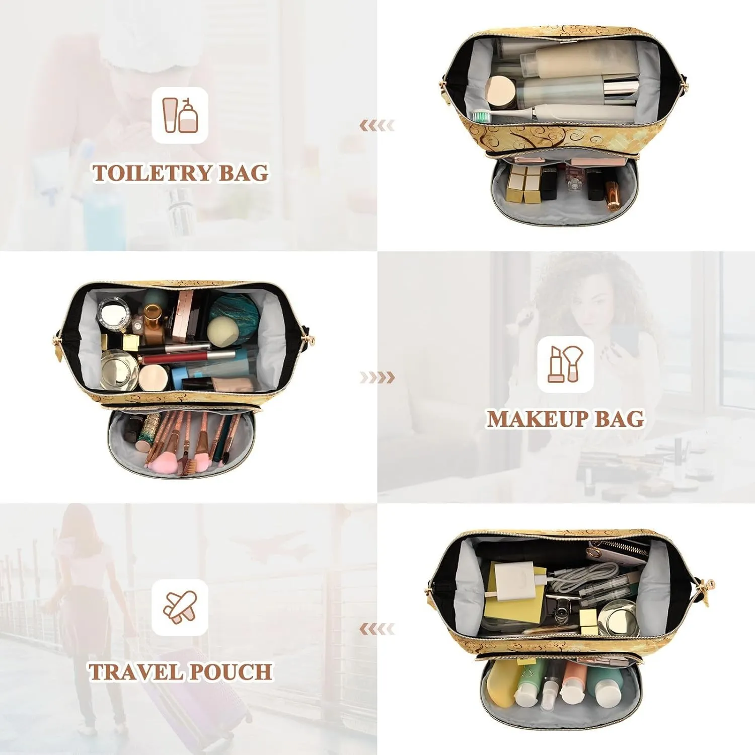 Grunge Background with a Gold Tree with Butterflies Women Cosmetic Bag Makeup Bag Stylish Trip Beauty Bag Travel Toiletry Bag with Bottle Organizer 10.2 x 5.9 x 6.7 inch