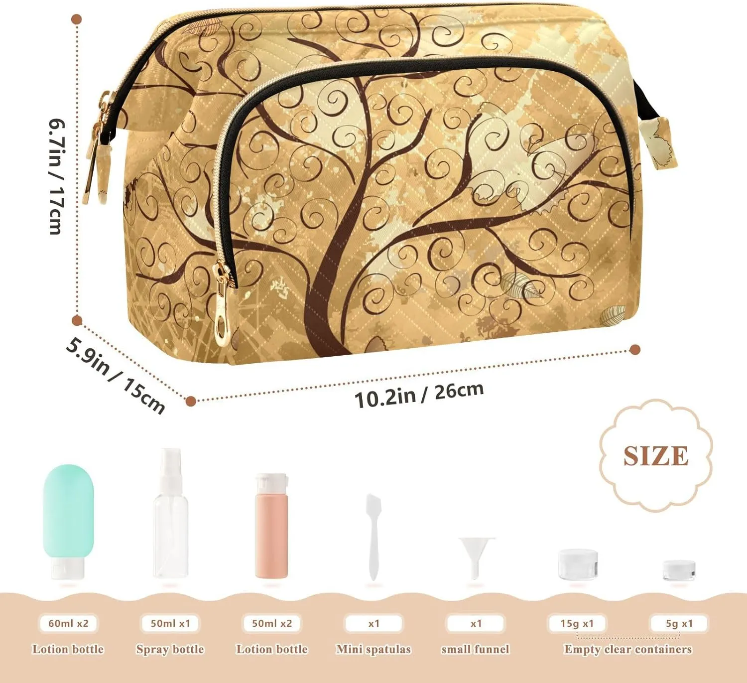 Grunge Background with a Gold Tree with Butterflies Women Cosmetic Bag Makeup Bag Stylish Trip Beauty Bag Travel Toiletry Bag with Bottle Organizer 10.2 x 5.9 x 6.7 inch