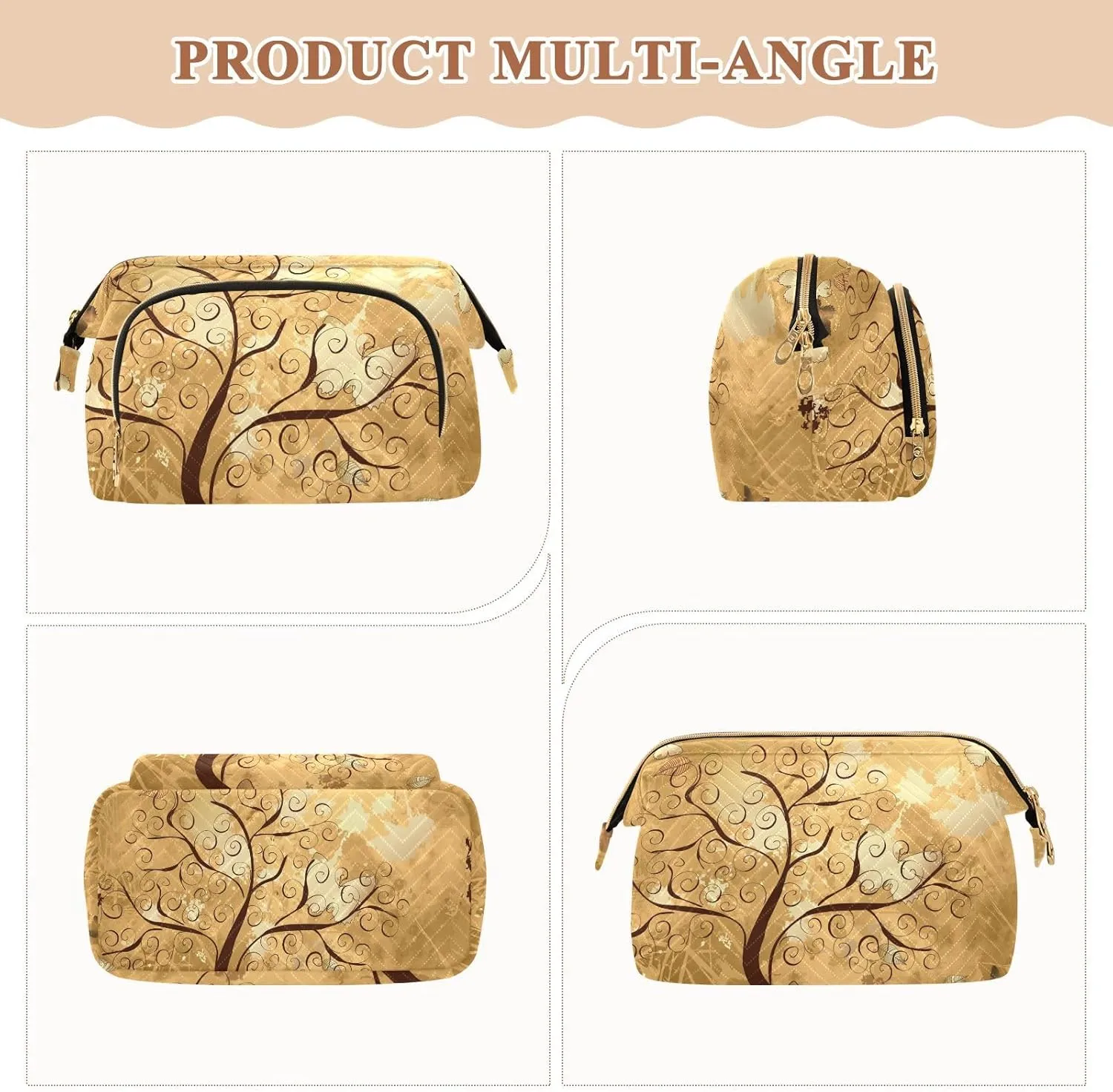 Grunge Background with a Gold Tree with Butterflies Women Cosmetic Bag Makeup Bag Stylish Trip Beauty Bag Travel Toiletry Bag with Bottle Organizer 10.2 x 5.9 x 6.7 inch