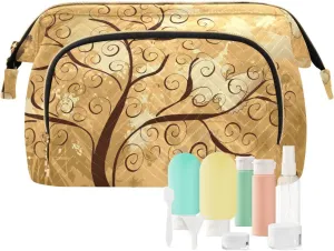 Grunge Background with a Gold Tree with Butterflies Women Cosmetic Bag Makeup Bag Stylish Trip Beauty Bag Travel Toiletry Bag with Bottle Organizer 10.2 x 5.9 x 6.7 inch